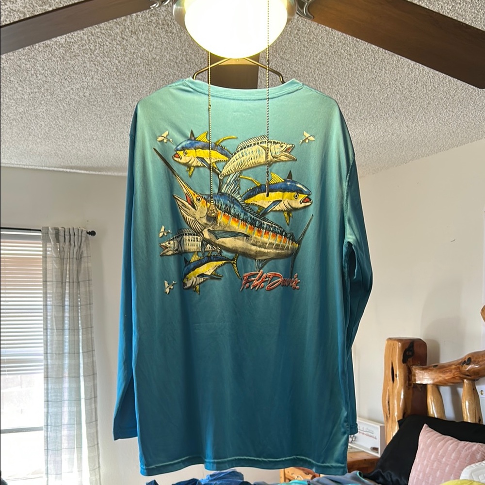 Guy Harvey Blue and Yellow Long Sleeve Tee with Ocean Fish Graphic